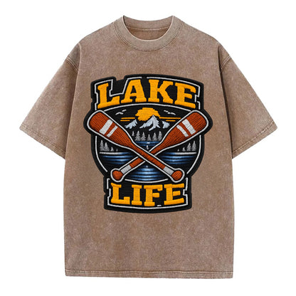 CANOE PADDLE - wooden paddle crossed in brown and cream , lake life - Vintage T-shirt - Brown