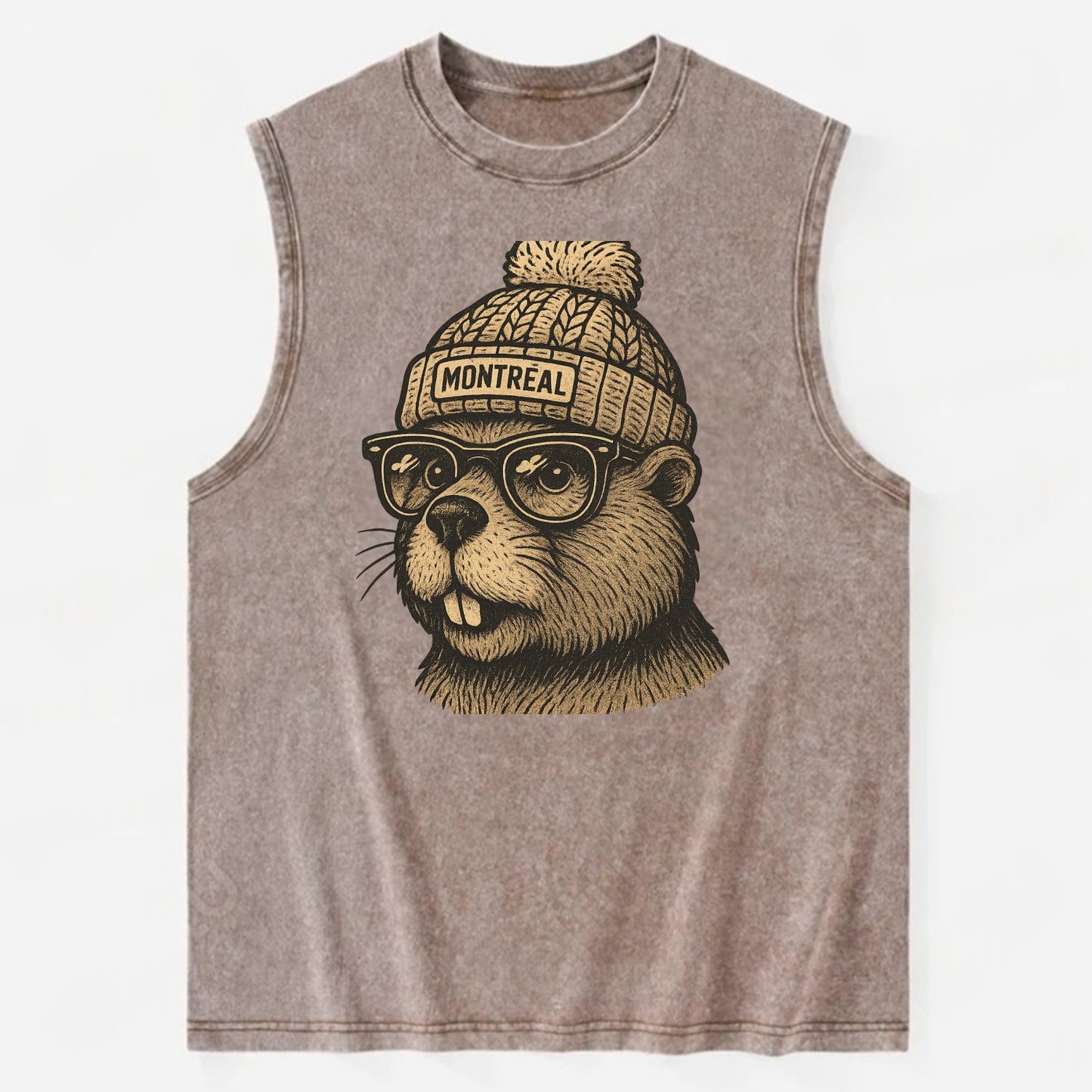 Montreal Beaver wearing Montreal beanie with pom pom and wayfarer sunglasses - Vintage Washed Tank - Brown