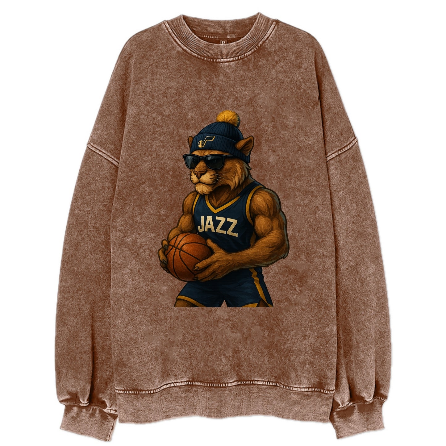 Utah Mountain Lion wearing Jazz navy and yellow beanie with music note and - Vintage Sweatshirt - Brown