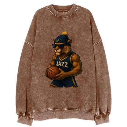 Utah Mountain Lion wearing Jazz navy and yellow beanie with music note and - Vintage Sweatshirt - Brown