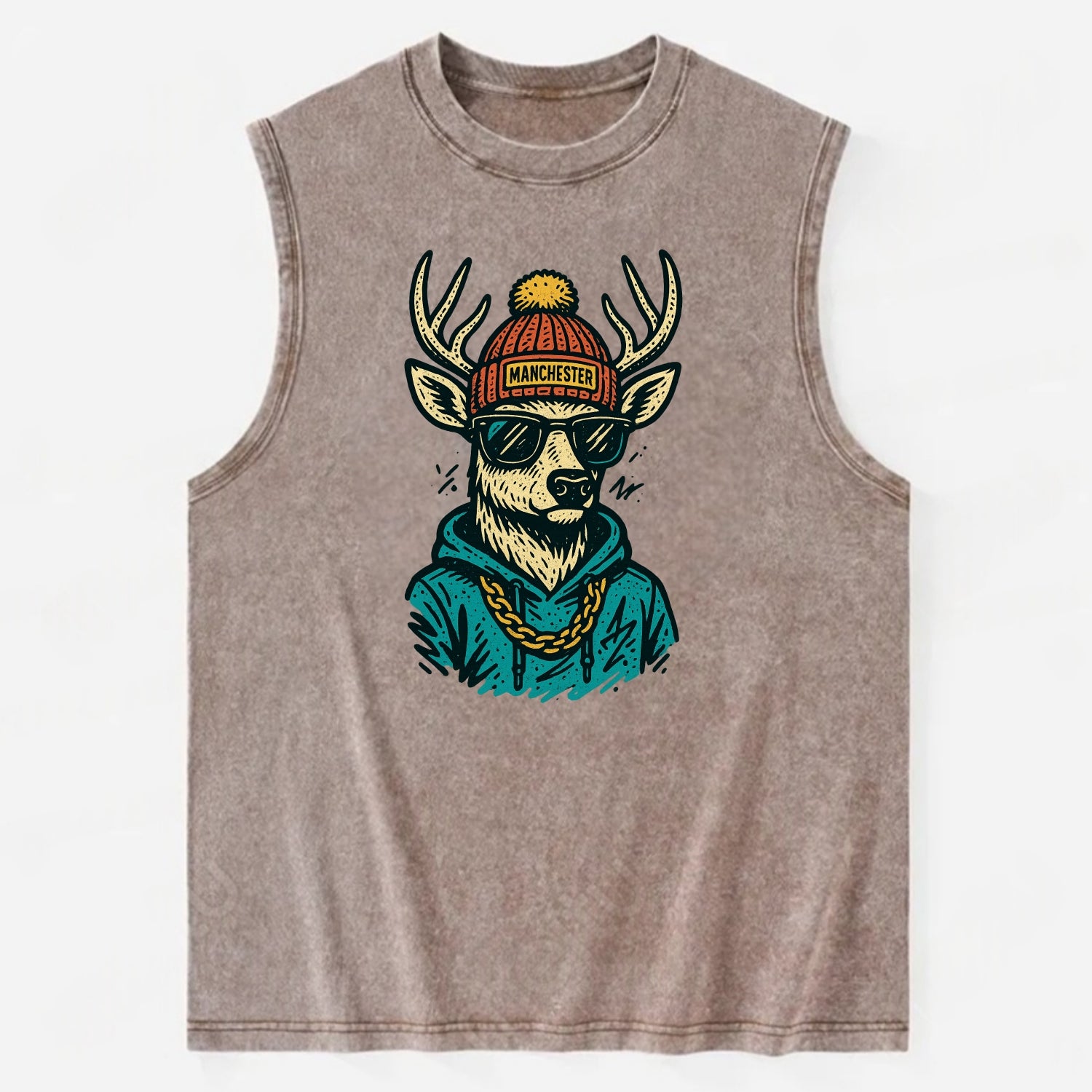 New Hampshire White-tailed Deer wearing Manchester beanie with pom pom and - Vintage Washed Tank - Brown