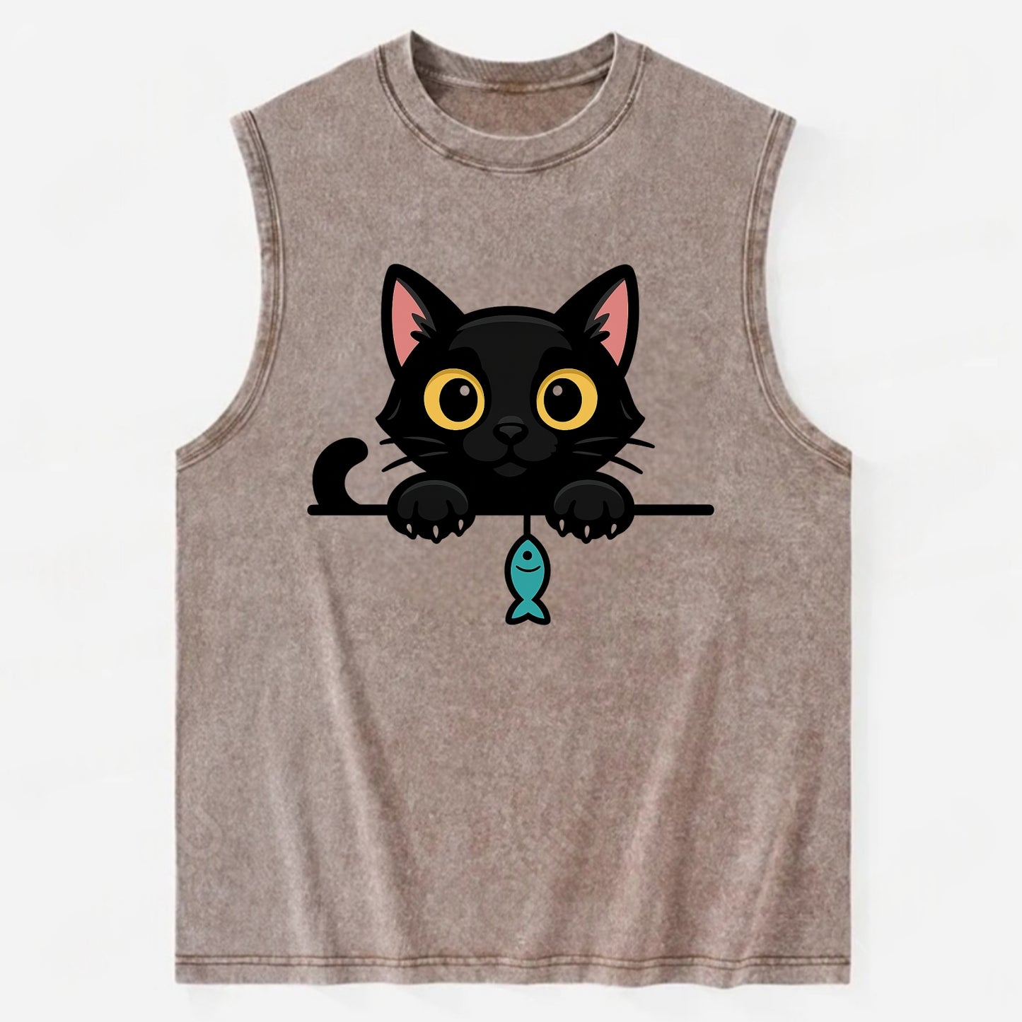 Midnight the black cat holding a tiny yarn ball between both paws while - Vintage Washed Tank - Brown