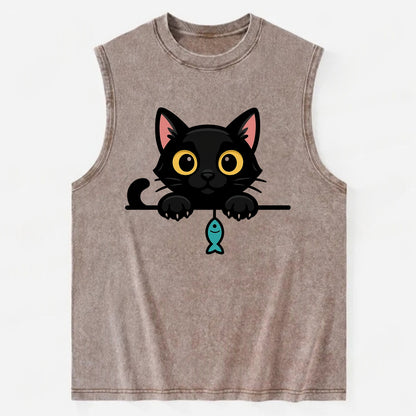 Midnight the black cat holding a tiny yarn ball between both paws while - Vintage Washed Tank - Brown