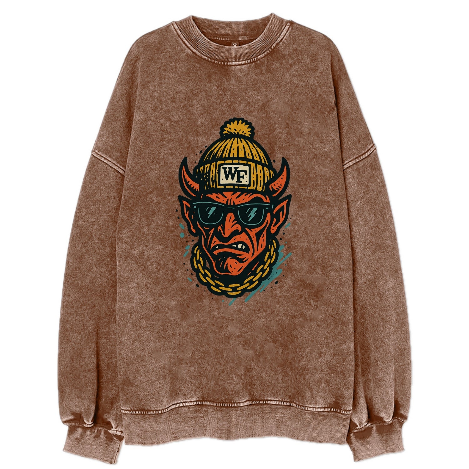 Winston-Salem Demon wearing Wake Forest beanie with WF patch - Vintage Sweatshirt - Brown