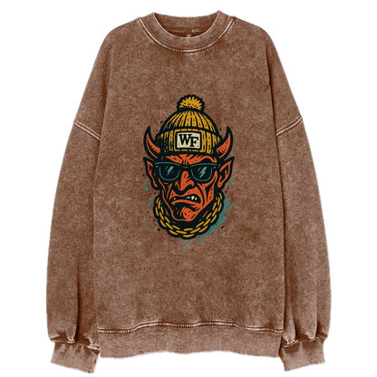 Winston-Salem Demon wearing Wake Forest beanie with WF patch - Vintage Sweatshirt - Brown