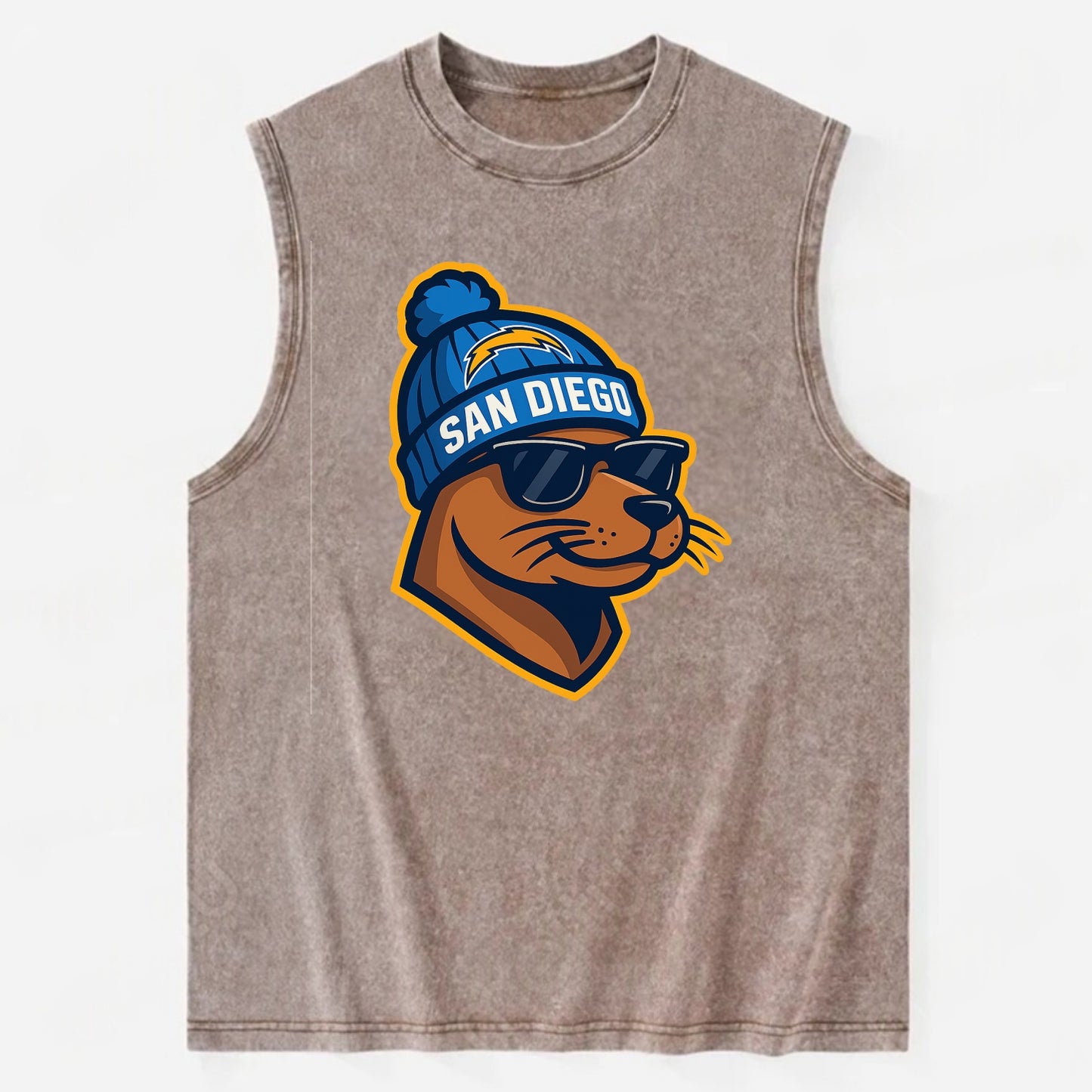 San Diego Sea Lion wearing Chargers beanie with bolt patch and wayfarer - Vintage Washed Tank - Brown