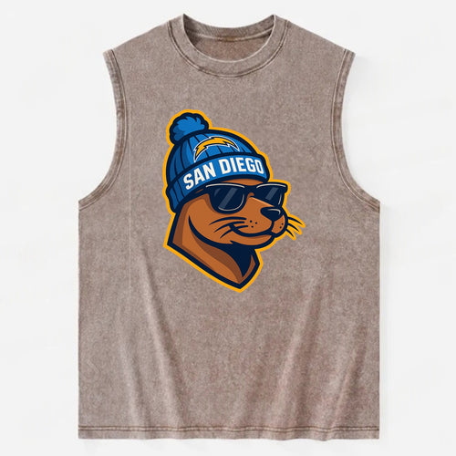 San Diego Sea Lion wearing Chargers beanie with bolt patch and wayfarer - Vintage Washed Tank