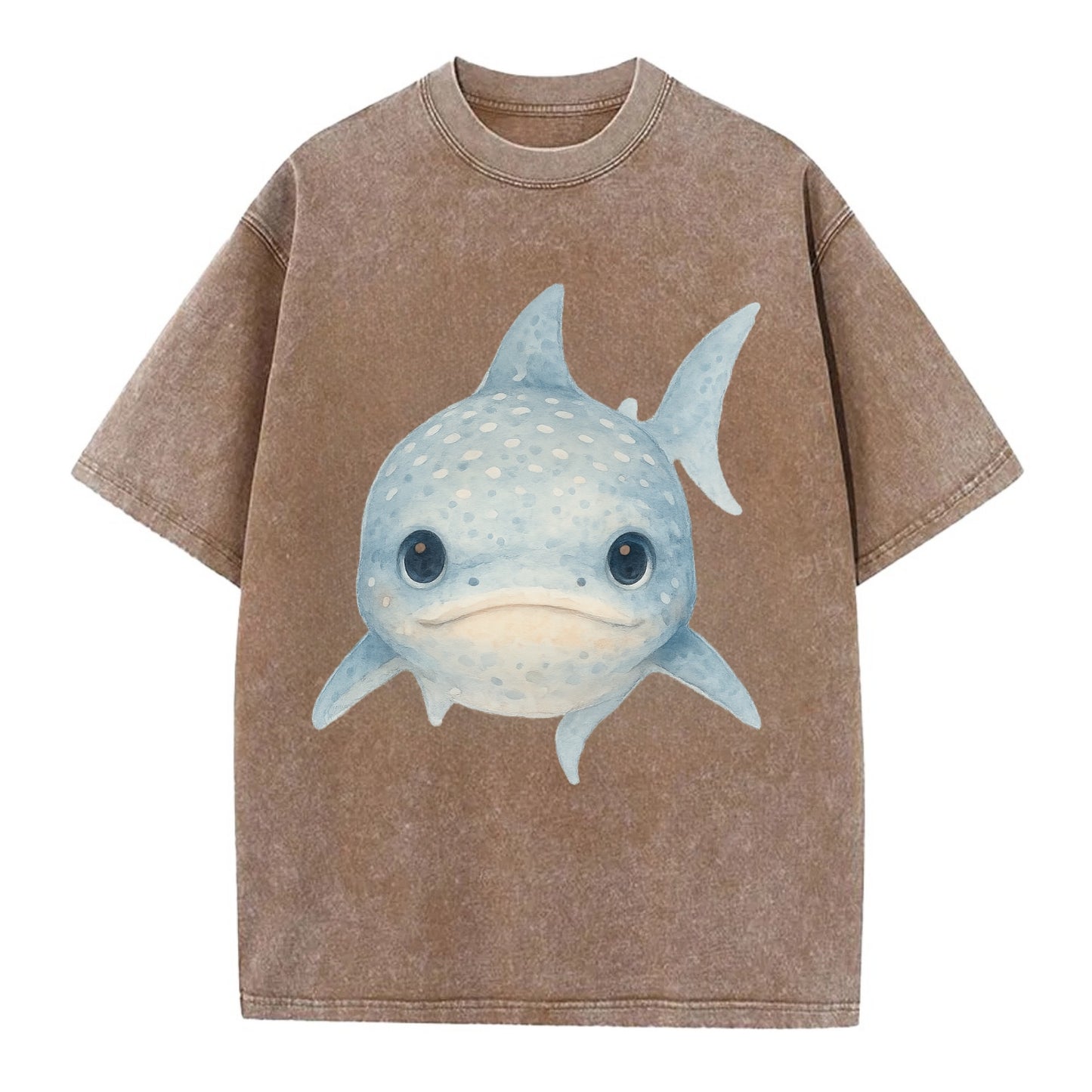 Baby Whale Shark - spotted blue-gray, wide mouth closed, tiny eyes, front-facing, - Vintage T-shirt - Brown