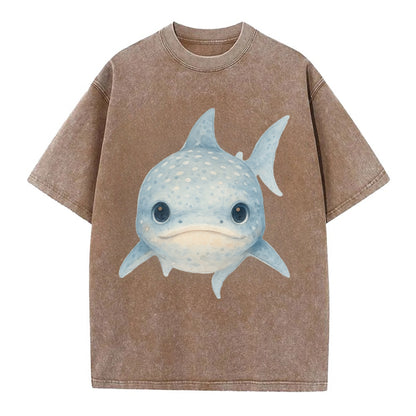 Baby Whale Shark - spotted blue-gray, wide mouth closed, tiny eyes, front-facing, - Vintage T-shirt - Brown