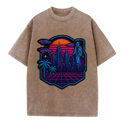 Cyberpunk City - Vintage T-shirt - Brown