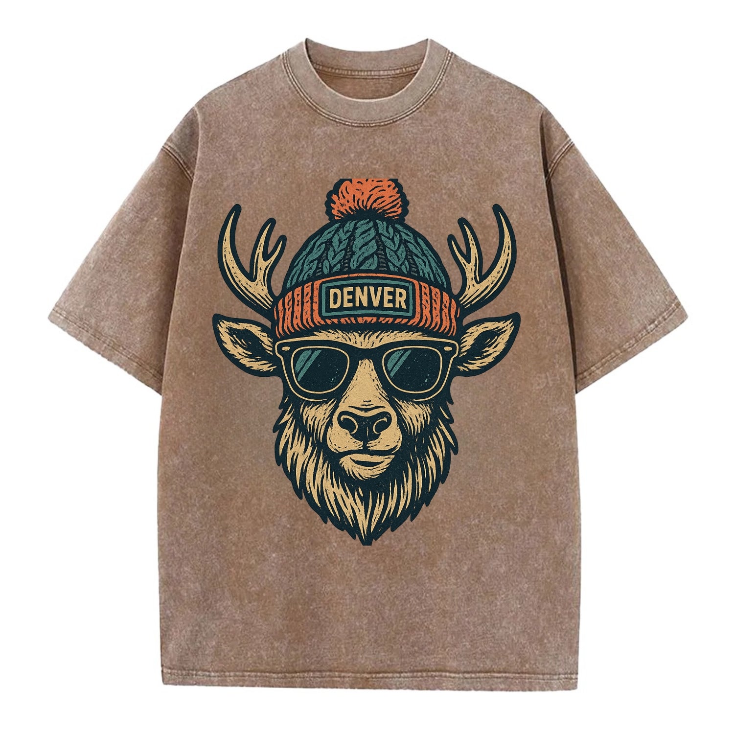 Denver Elk wearing Denver beanie with pom pom and wayfarer sunglasses - Vintage T-shirt - Brown