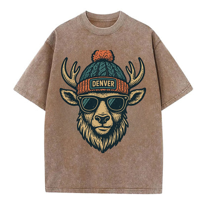 Denver Elk wearing Denver beanie with pom pom and wayfarer sunglasses - Vintage T-shirt - Brown