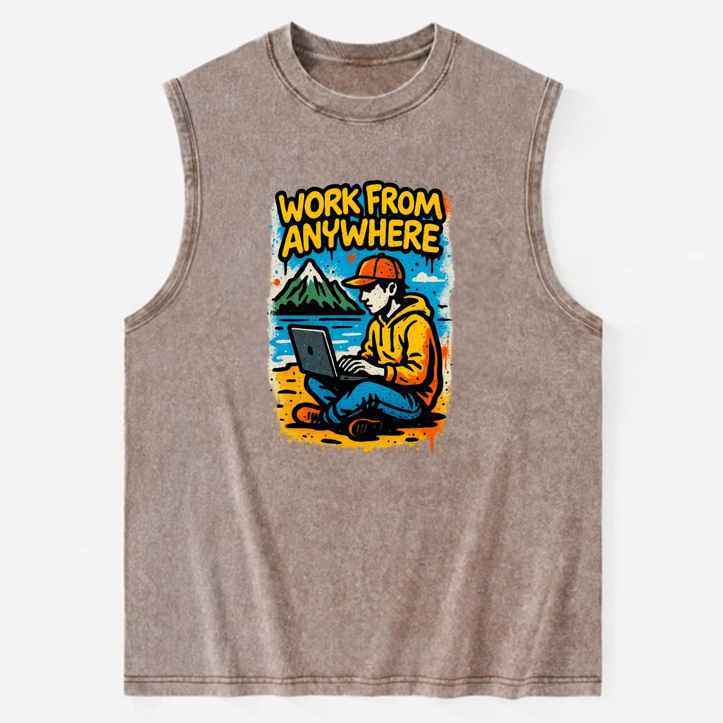 Digital nomad with laptop on beach/mountain - work from anywhere lifestyle, - Vintage Washed Tank - Brown