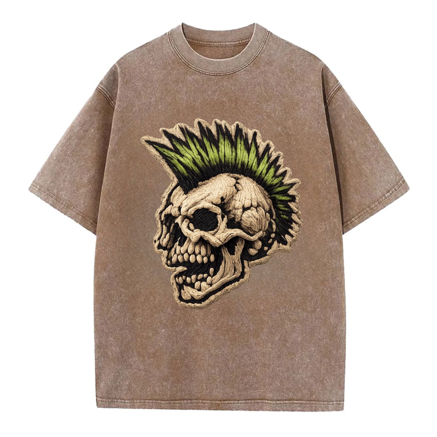 MOHAWK SKULL - punk skull with mohawk in neon green and black , punk rock - Vintage T-shirt - Brown