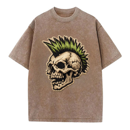 MOHAWK SKULL - punk skull with mohawk in neon green and black , punk rock - Vintage T-shirt - Brown