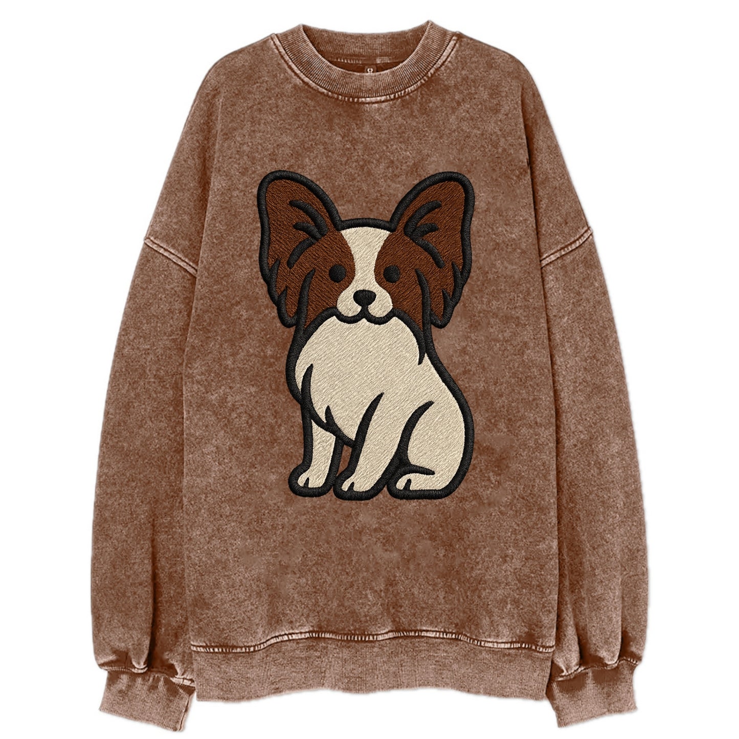 Papillon - White with brown ears sitting Vintage Sweatshirt - Brown