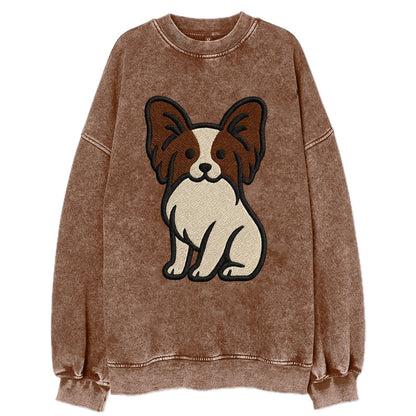 Papillon - White with brown ears sitting Vintage Sweatshirt - Brown