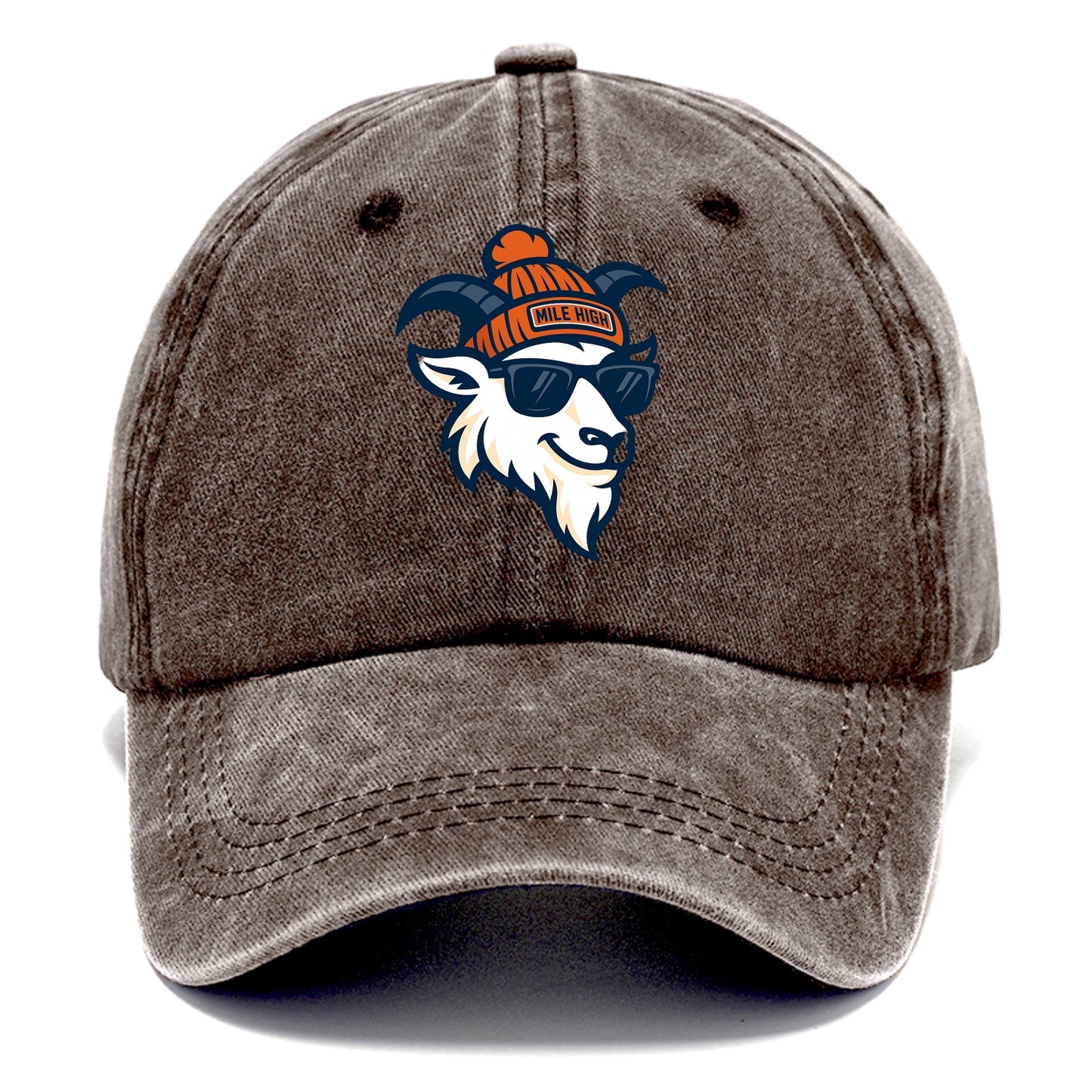 Denver Mountain Goat wearing Broncos beanie with Mile High patch and wayfarer - Classic Cap - Brown