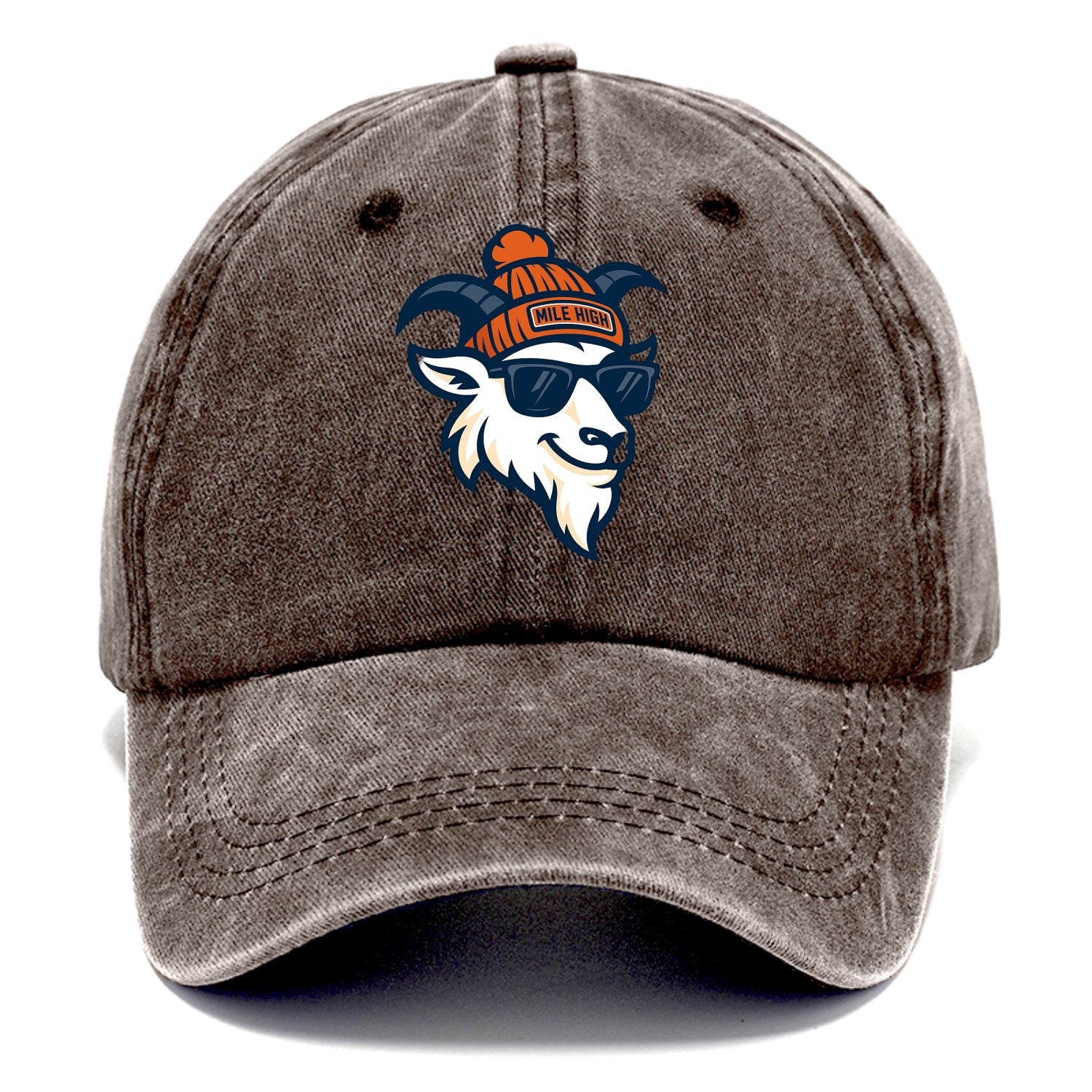 Denver Mountain Goat wearing Broncos beanie with Mile High patch and wayfarer - Classic Cap - Brown