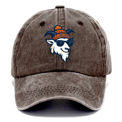 Denver Mountain Goat wearing Broncos beanie with Mile High patch and wayfarer - Classic Cap - Brown