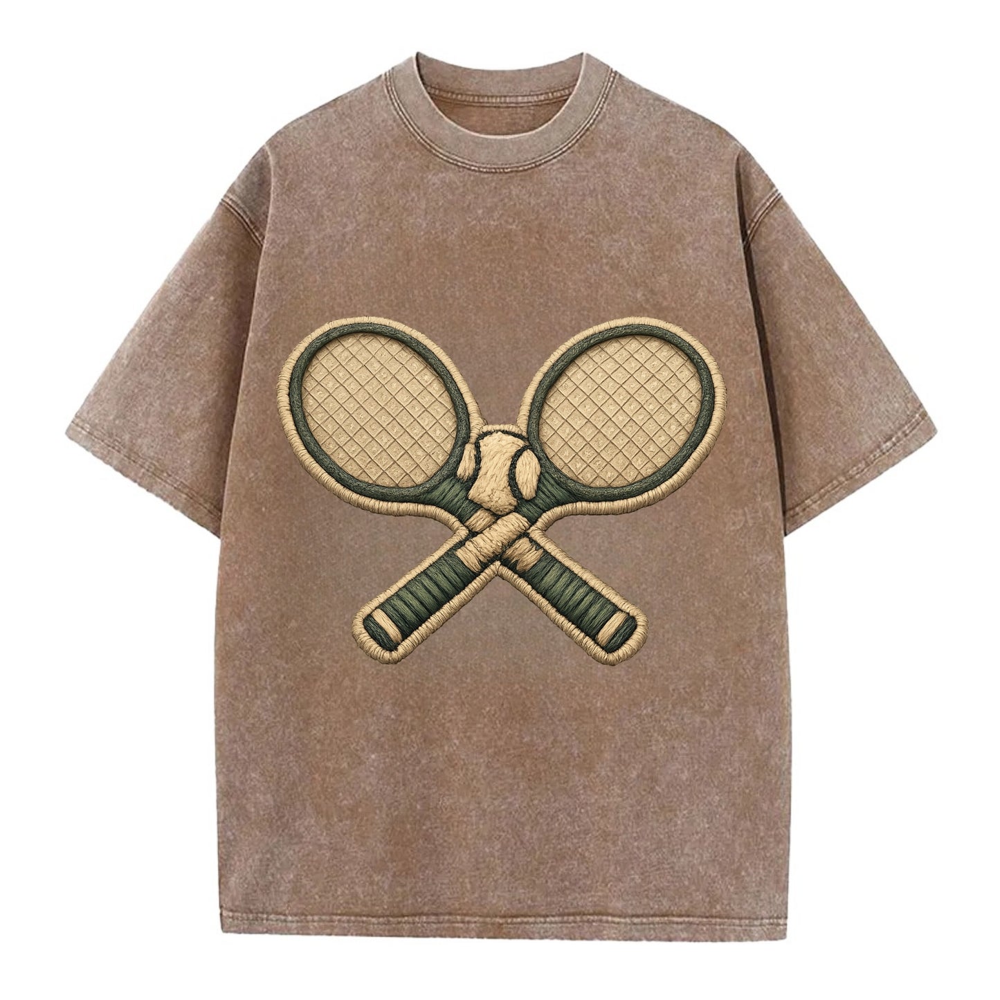 Embroidered patch design - TENNIS RACKET CROSSED - tennis rackets with ball in - Vintage T-shirt - Brown
