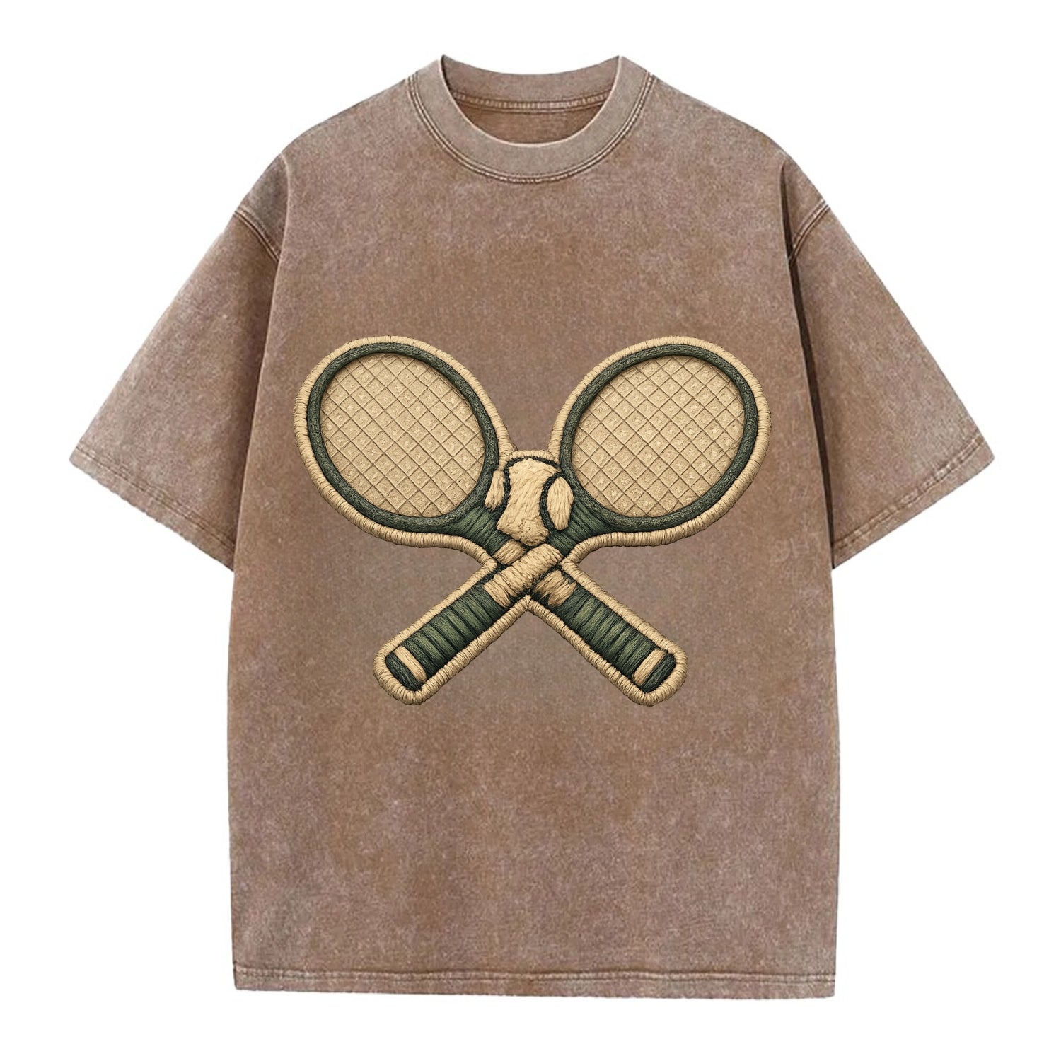 Embroidered patch design - TENNIS RACKET CROSSED - tennis rackets with ball in - Vintage T-shirt - Brown