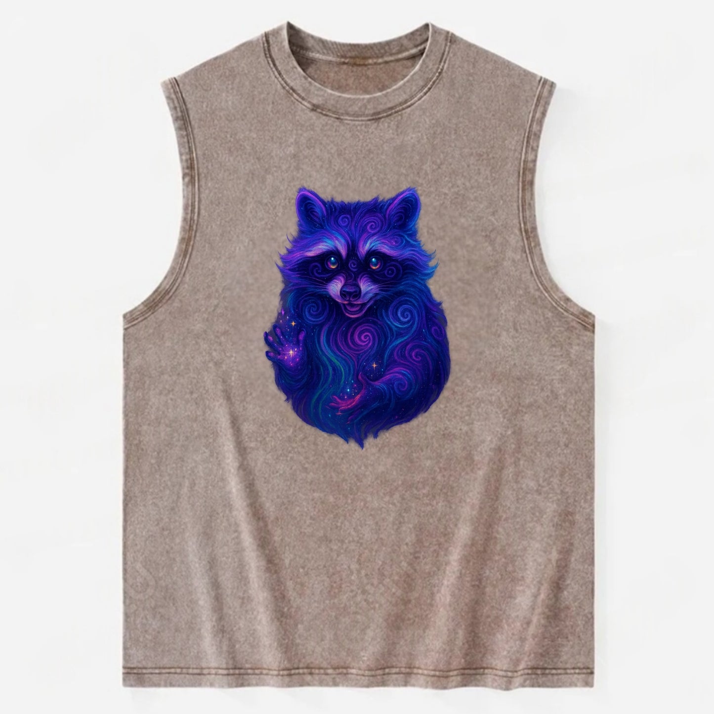 Playful raccoon with mask swirling in hypnotic patterns, neon purple and - Vintage Washed Tank - Brown