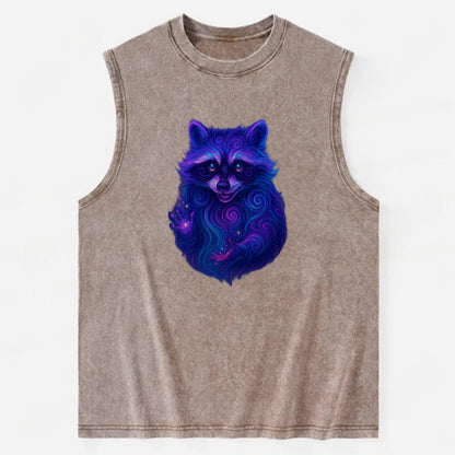 Playful raccoon with mask swirling in hypnotic patterns, neon purple and - Vintage Washed Tank - Brown