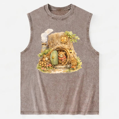 TREE HOME | Bear's home in hollow tree | Round door | Chimney smoke | - Vintage Washed Tank - Brown