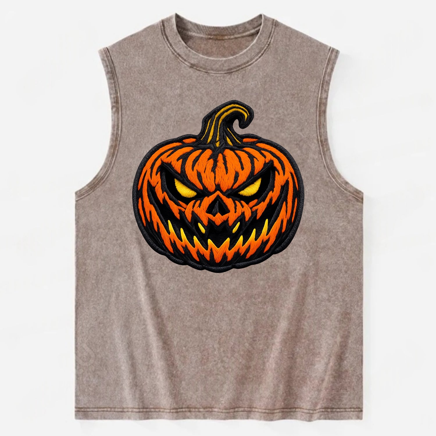 HALLOWEEN PUMPKIN - jack o lantern in orange and black , spooky - Vintage Washed Tank - Brown