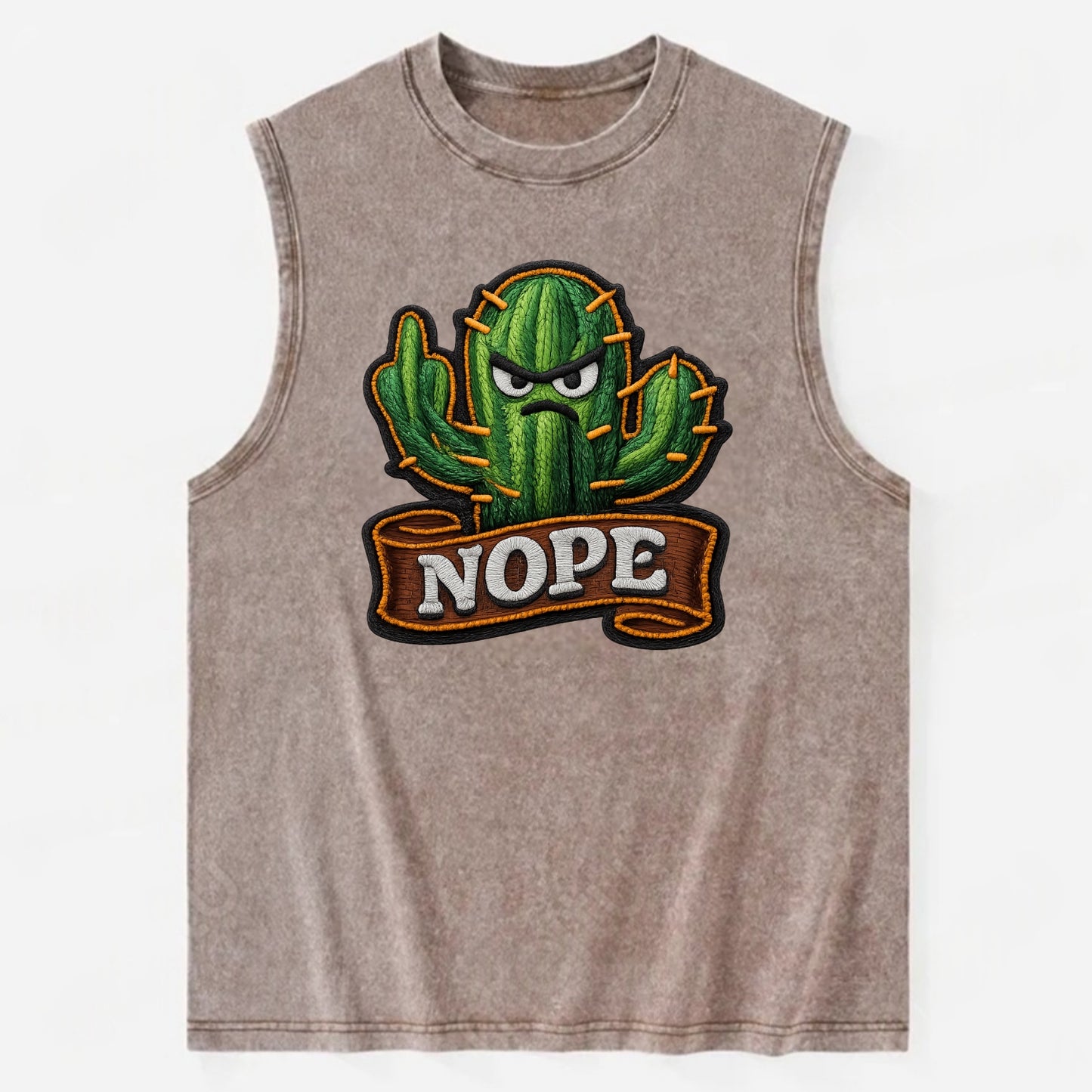 NOPE CACTUS - cactus with attitude in green , prickly personality - Vintage Washed Tank - Brown