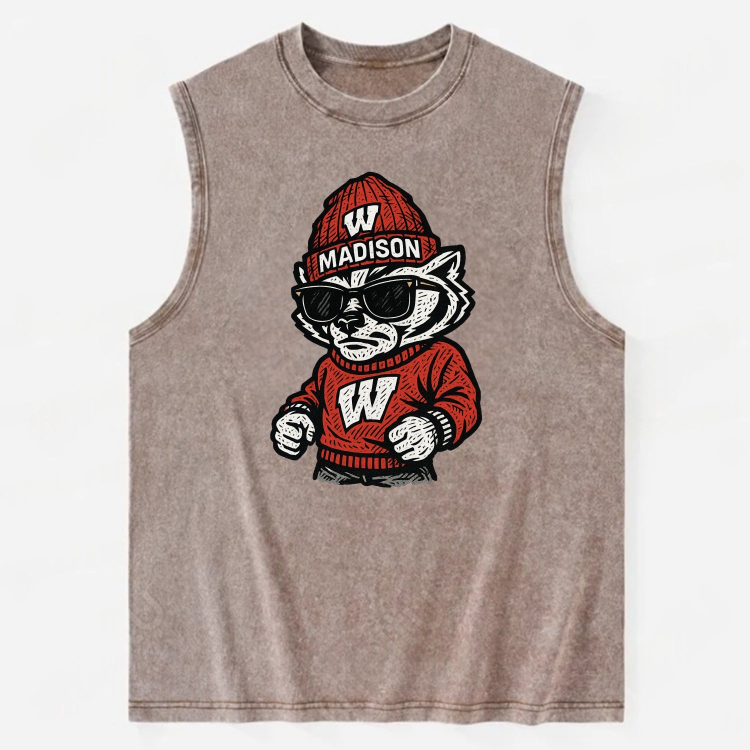 Madison Badger wearing Wisconsin beanie with motion W patch - Vintage Washed Tank - Brown