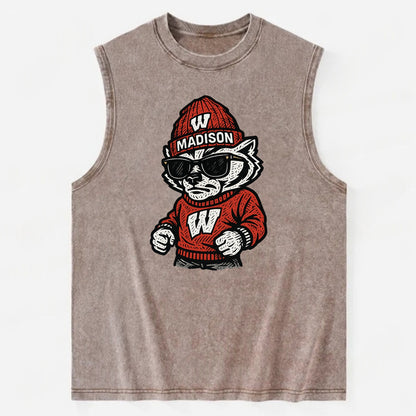 Madison Badger wearing Wisconsin beanie with motion W patch - Vintage Washed Tank - Brown