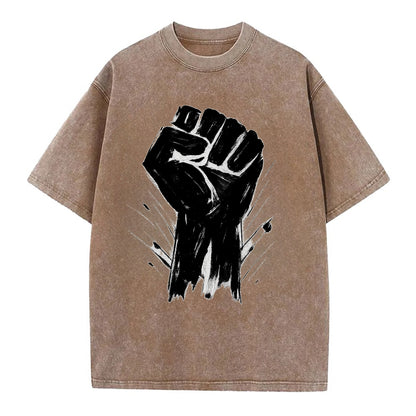 Raised fist in bold black ink brushstrokes - symbol of solidarity and resistance - Vintage T-shirt - Brown