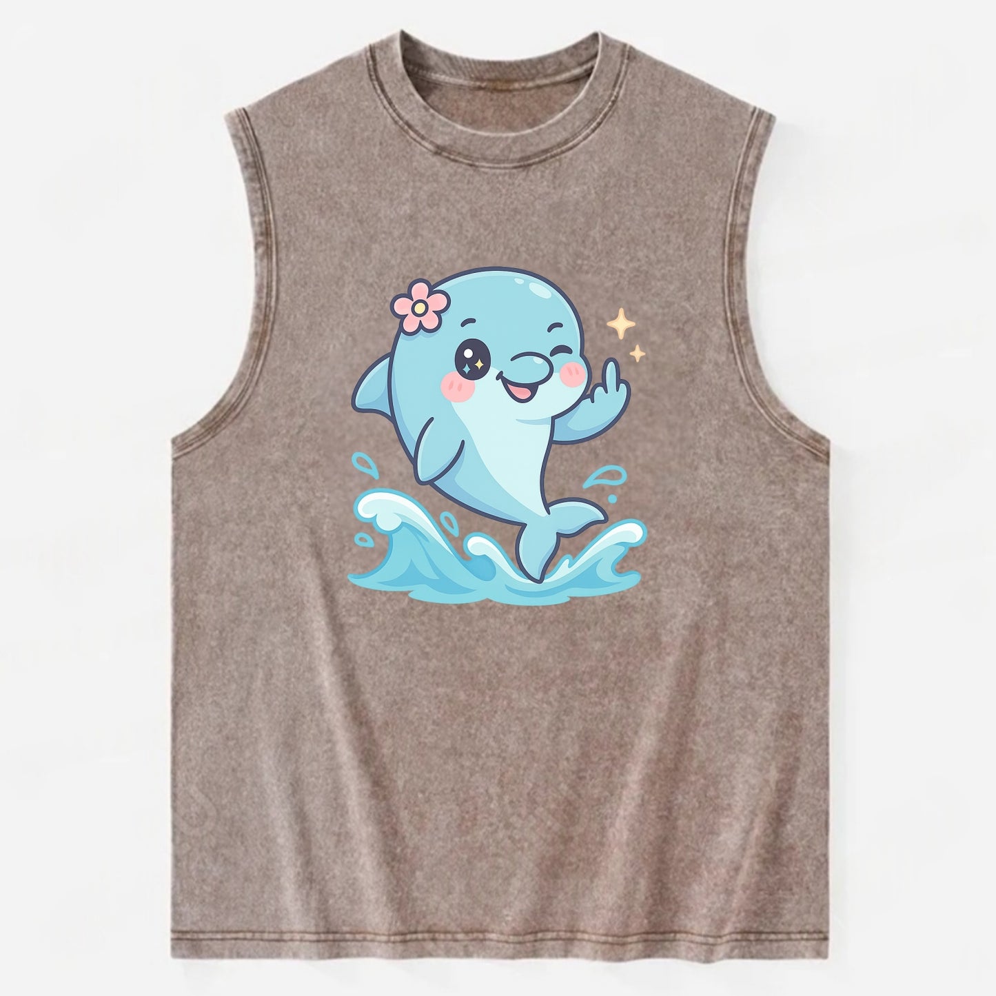 smiling dolphin jumping through ocean waves, one fin up with attitude - Vintage Washed Tank - Brown