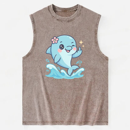 smiling dolphin jumping through ocean waves, one fin up with attitude - Vintage Washed Tank - Brown