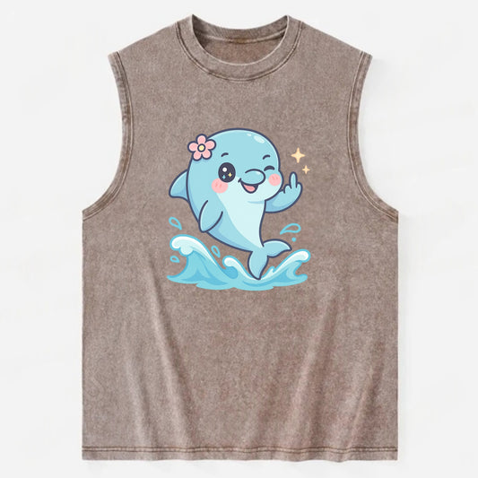 smiling dolphin jumping through ocean waves, one fin up with attitude - Vintage Washed Tank - Brown