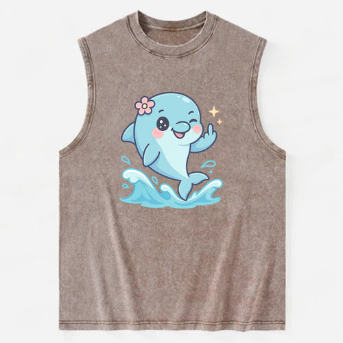 smiling dolphin jumping through ocean waves, one fin up with attitude - Vintage Washed Tank