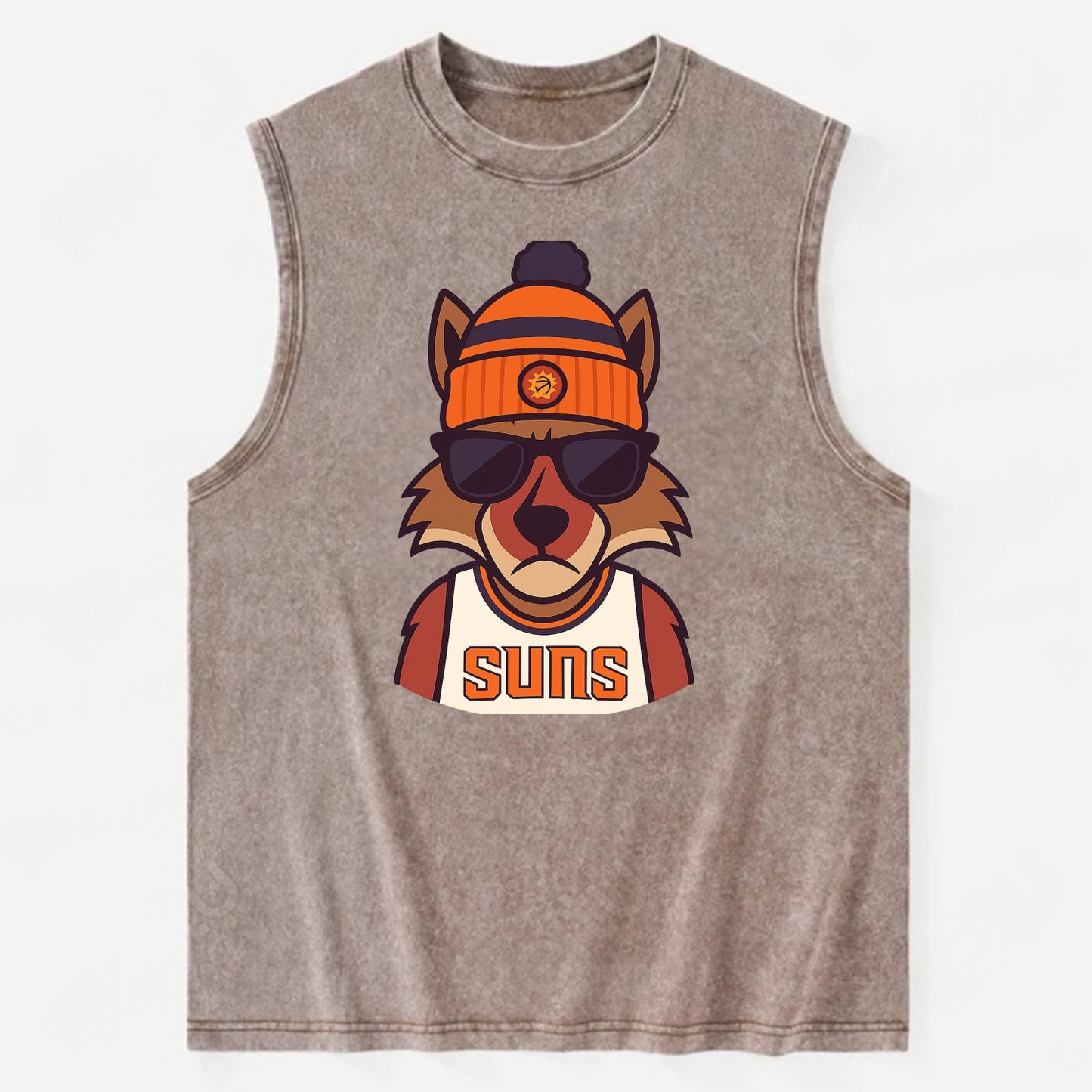Arizona Coyote wearing Suns beanie with desert sun patch and wayfarer - Vintage Washed Tank - Brown