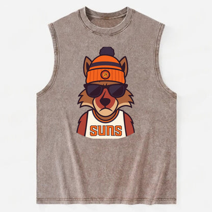 Arizona Coyote wearing Suns beanie with desert sun patch and wayfarer - Vintage Washed Tank - Brown