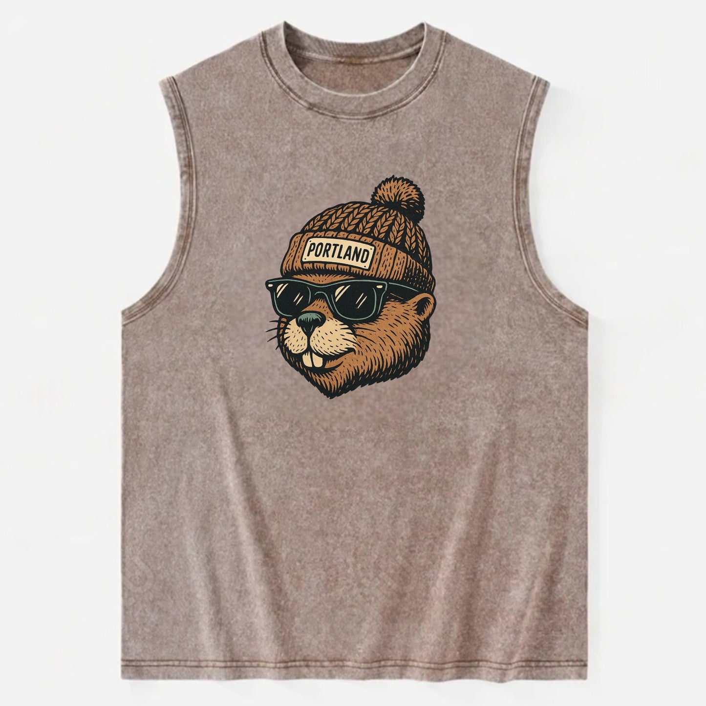 Portland Beaver wearing Portland beanie with pom pom and wayfarer sunglasses - Vintage Washed Tank - Brown