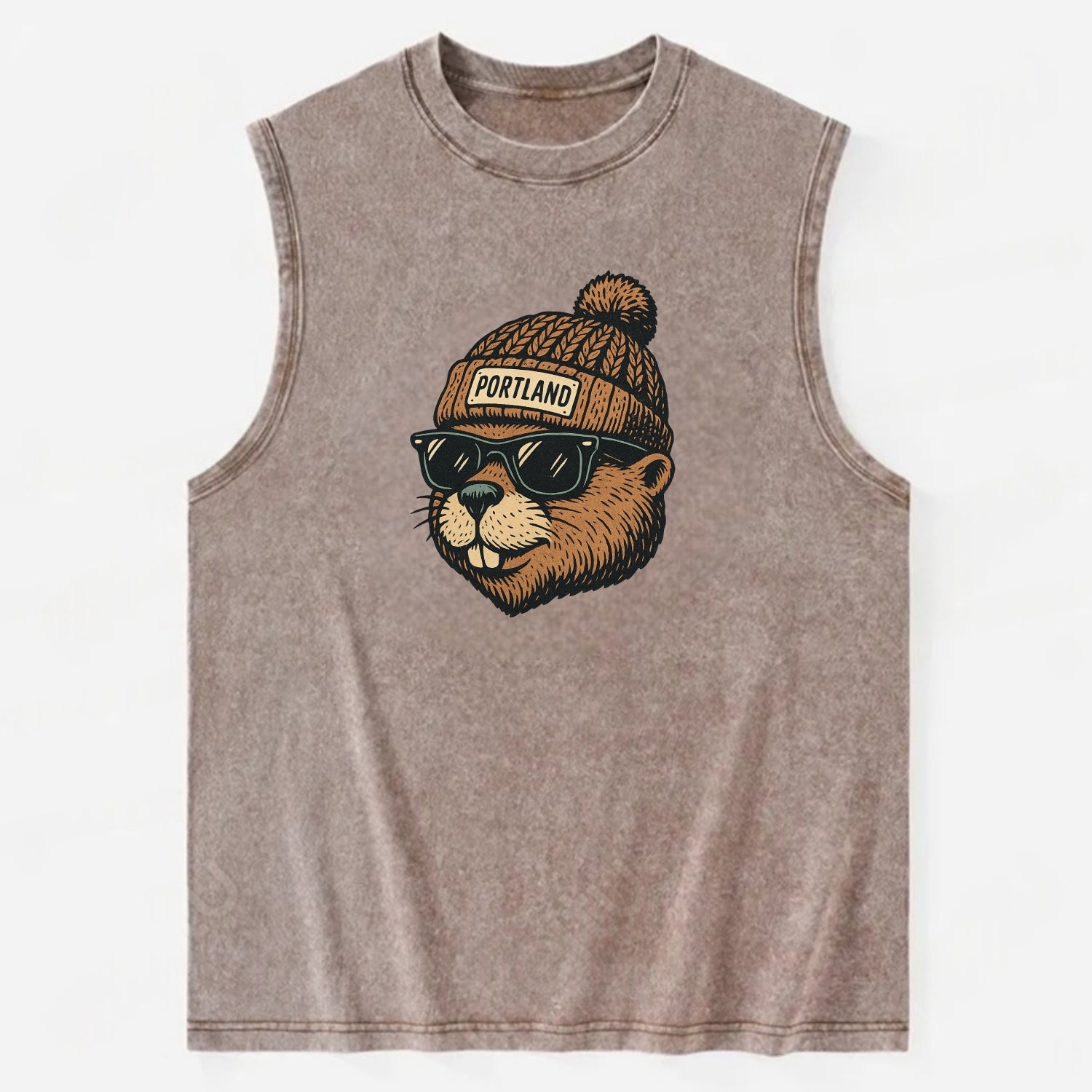Portland Beaver wearing Portland beanie with pom pom and wayfarer sunglasses - Vintage Washed Tank - Brown