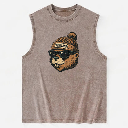 Portland Beaver wearing Portland beanie with pom pom and wayfarer sunglasses - Vintage Washed Tank - Brown