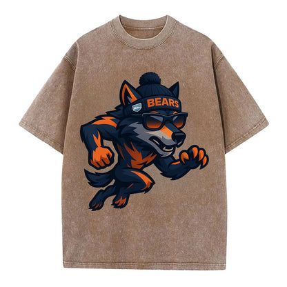 Chicago Wolf wearing Bears beanie with Lake Michigan patch and wayfarer sunglasses - Vintage T-shirt - Brown