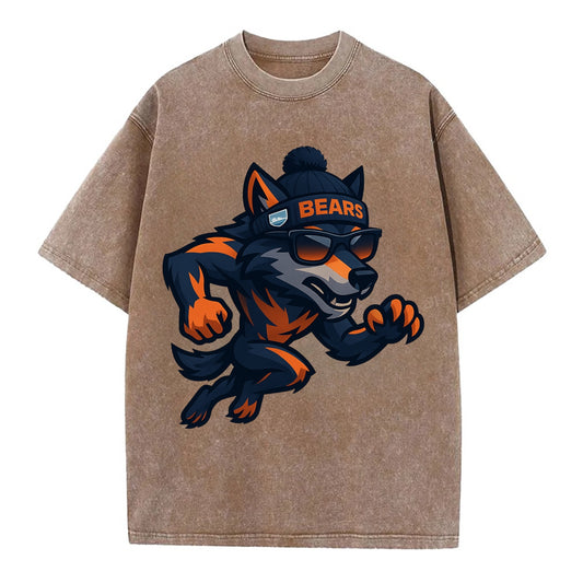 Chicago Wolf wearing Bears beanie with Lake Michigan patch and wayfarer sunglasses - Vintage T-shirt - Brown