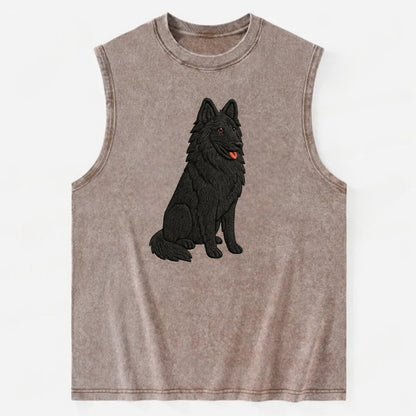 Belgian Sheepdog - Black long-haired embroidered pose - Vintage Washed Tank - Brown