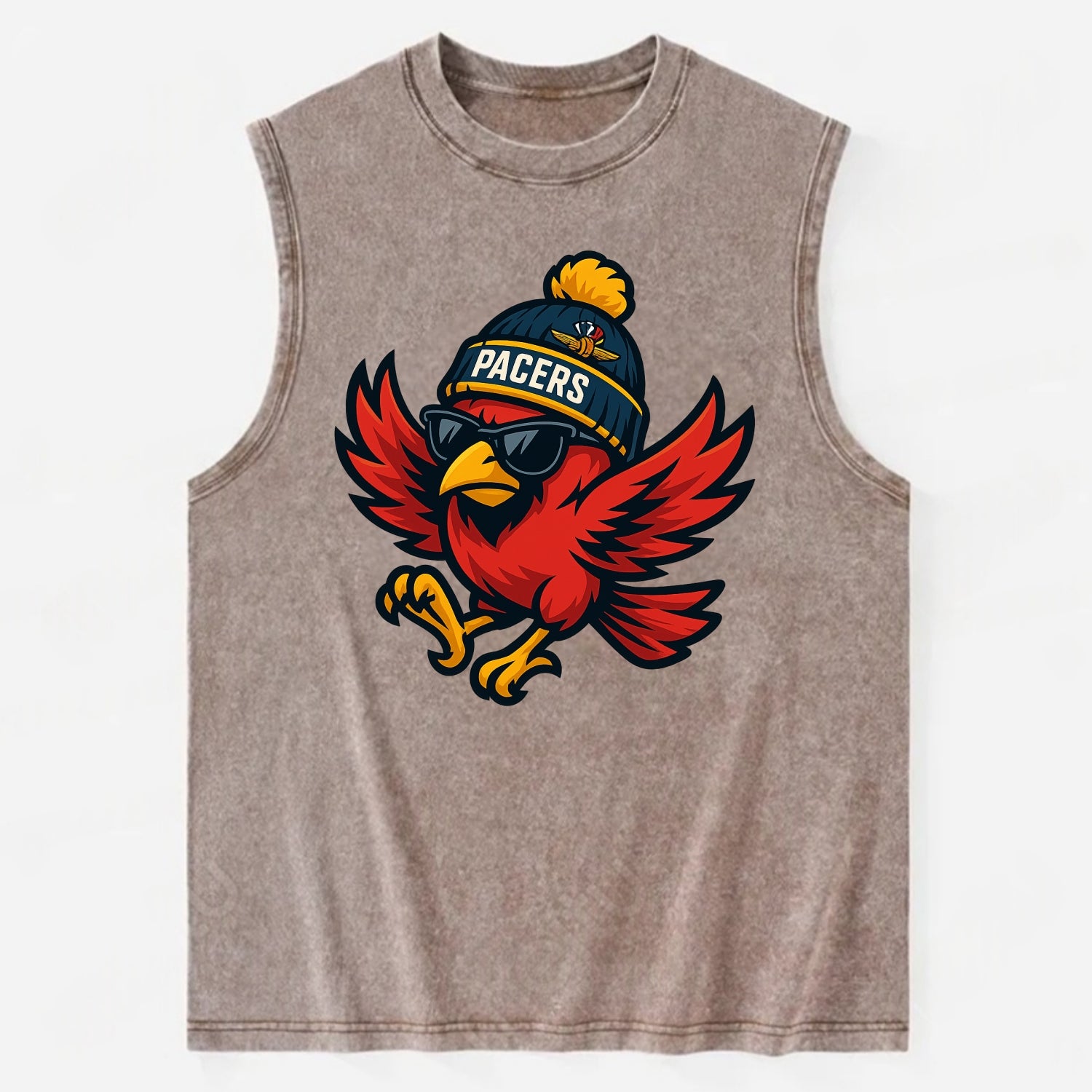 Indiana Cardinal wearing Pacers beanie with speedway patch and wayfarer - Vintage Washed Tank - Brown