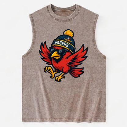 Indiana Cardinal wearing Pacers beanie with speedway patch and wayfarer - Vintage Washed Tank - Brown