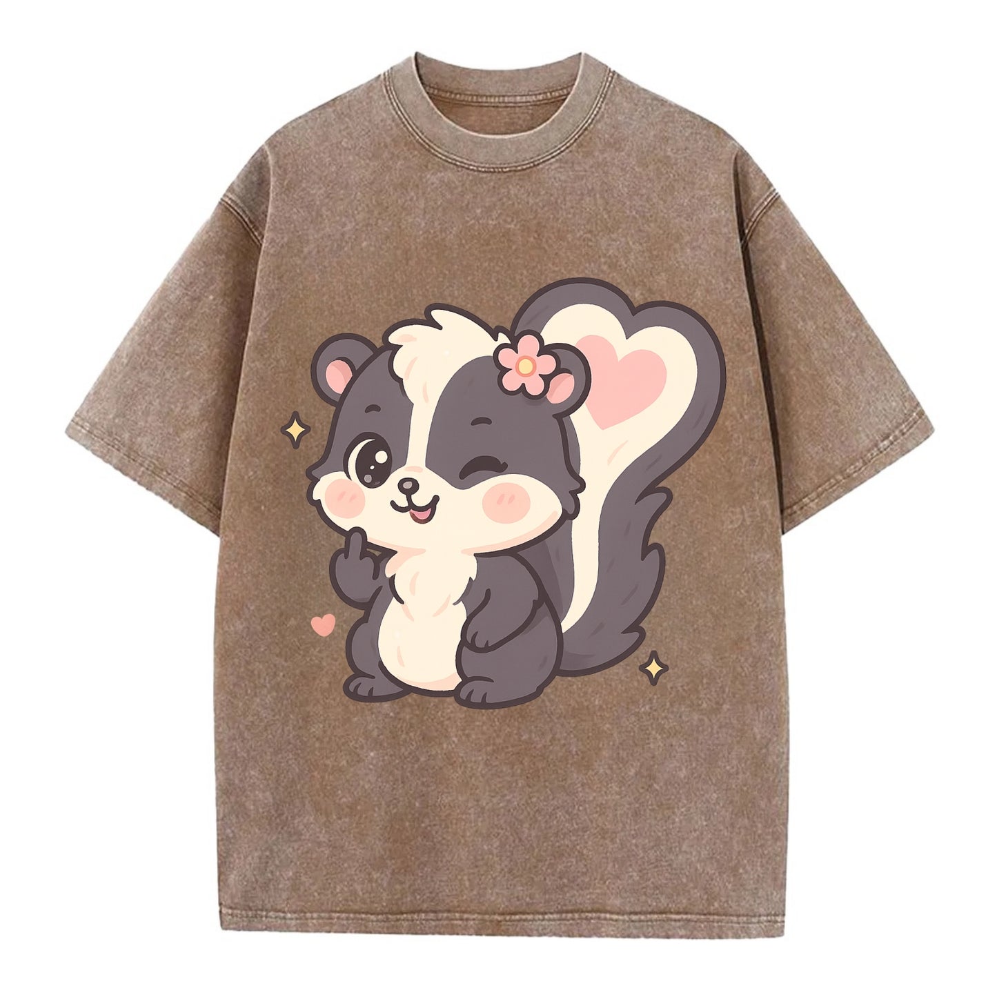 fluffy skunk with heart-shaped tail pattern, one paw up showing sass - Vintage T-shirt - Brown