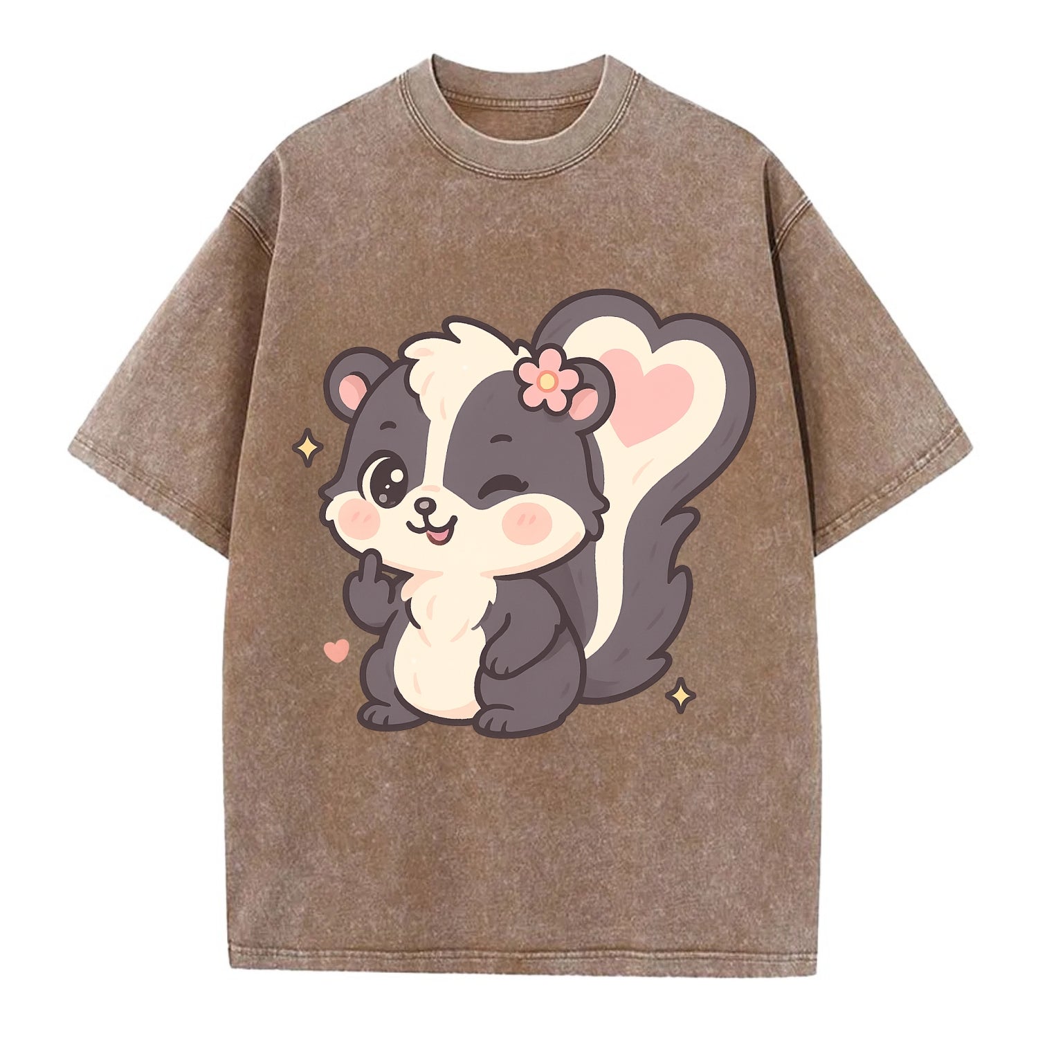 fluffy skunk with heart-shaped tail pattern, one paw up showing sass - Vintage T-shirt - Brown